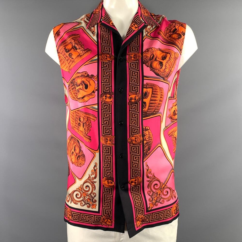VERSACE SS2023 Size L Pink Orange Heads Silk Sleeveless Short Sleeve Shirt